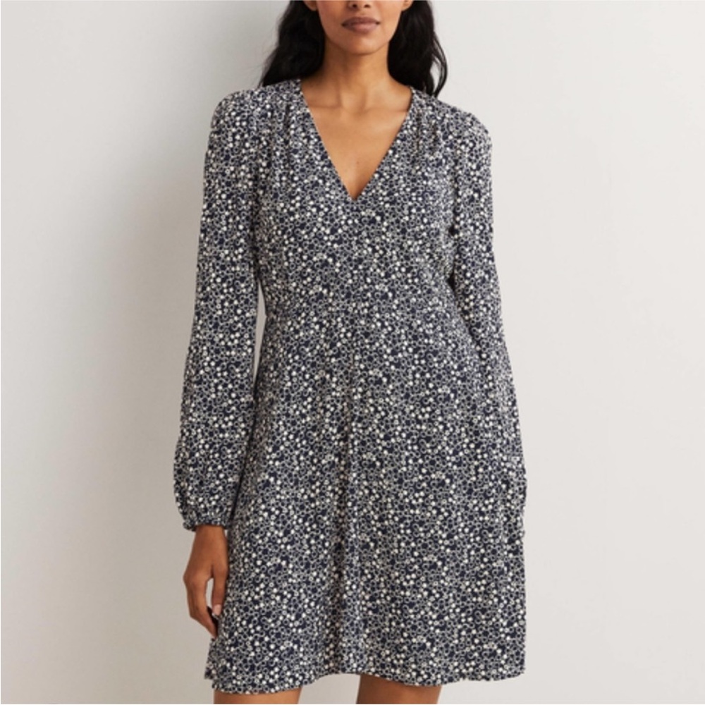Boden Navy and White Floral Dress with Balloon Sleeves Size 6